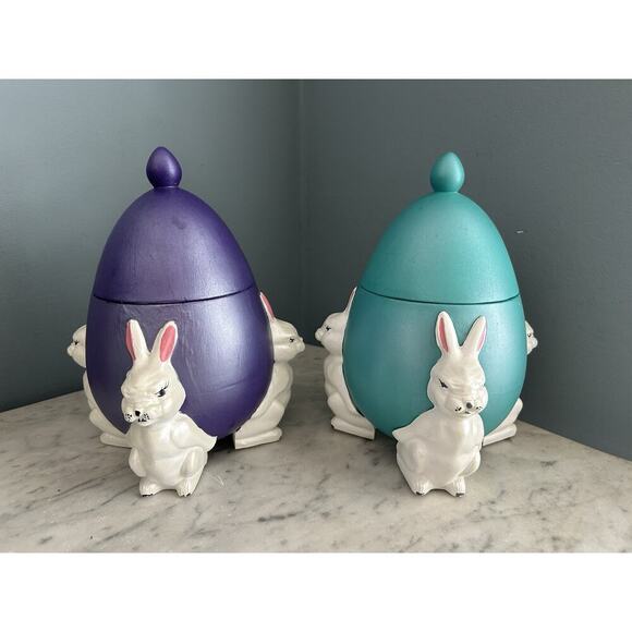 (2) 1960s Ceramic Easter Egg Candy Jar Hand Painted Bunnies Rabbits Purple Teal - Picture 6 of 16